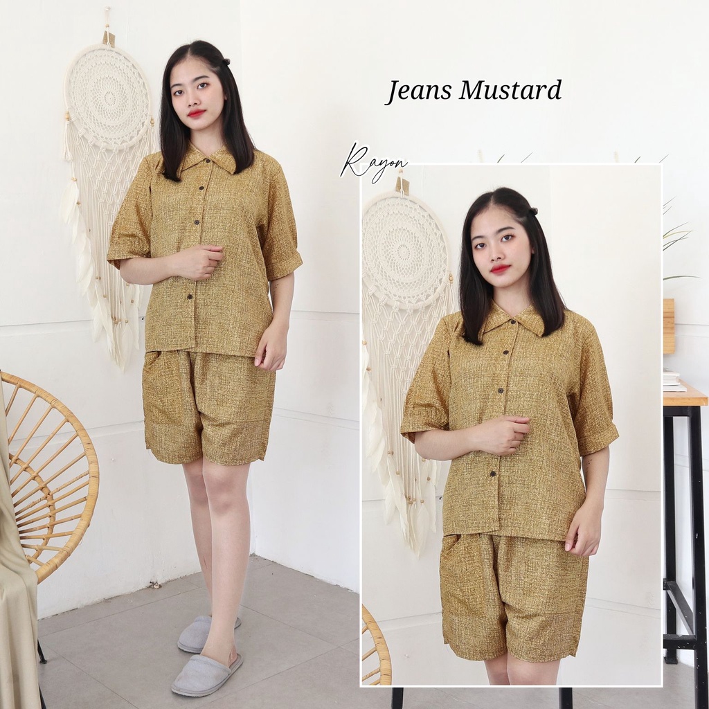 IZANY Piyama Dewasa Hotpant Lengan Balon / HP / Set Celana Pendek Dewasa banyak varian RAYON-JEANS MUSTARD RA