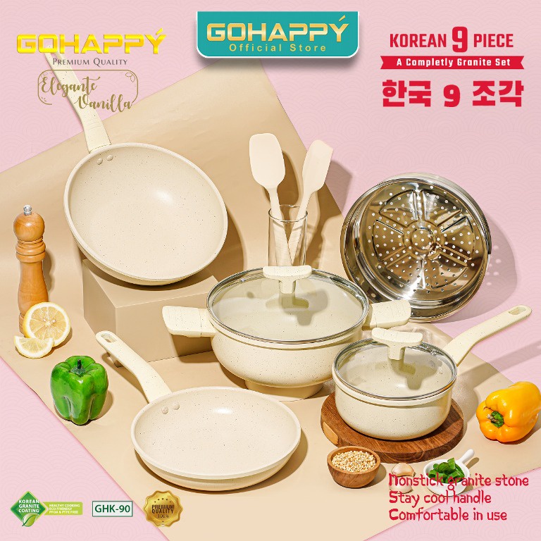 Panci Pastel KOREAN SET 9 PCS GOHAPPY GHK90 | Wajan lengkap Perlengkapan dapur | Cookware Steamer Frypan saucepan wokpan