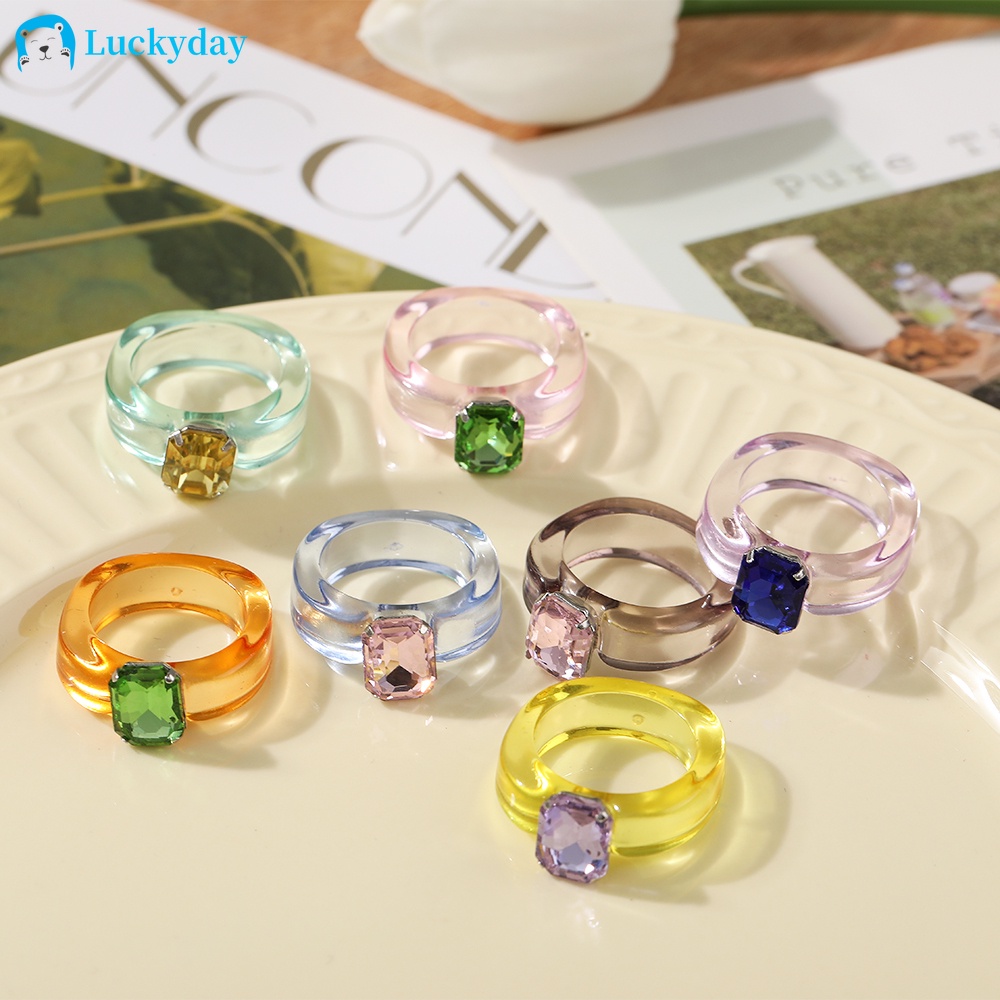 YEEZII Korean Colorful Transparent Rings Acrylic Square Rhinestone Fashion Finger Ring Women Jewelry Accessories