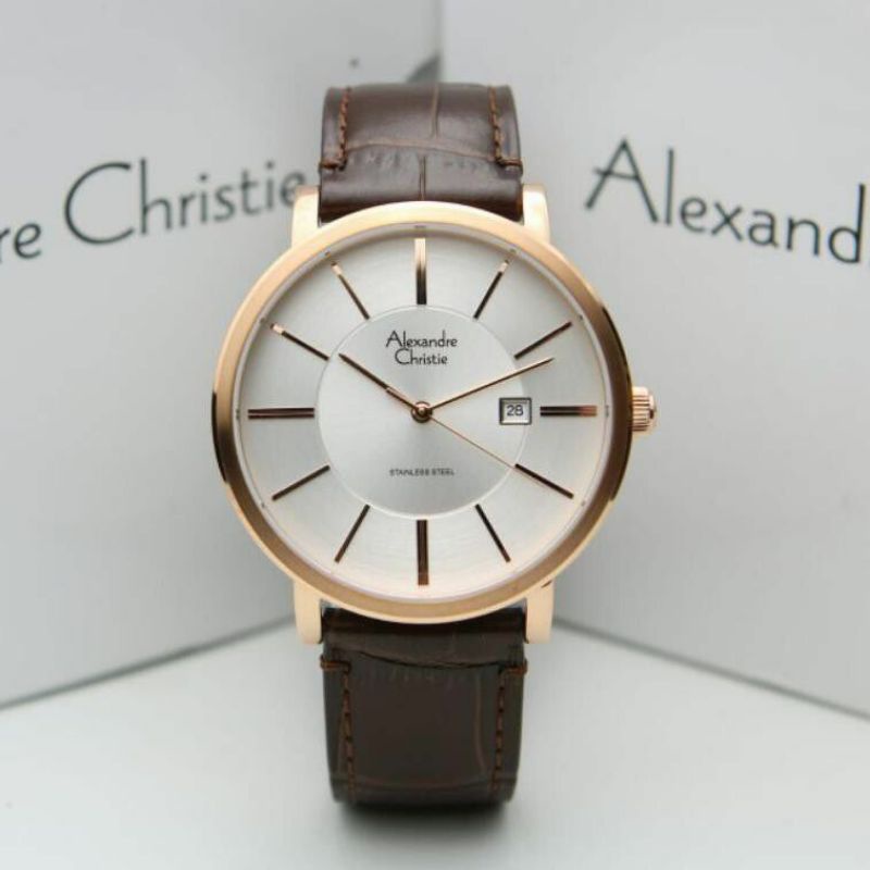 ham tangan alexandre christie pria dan wanita bulat tali kulit casing tipis AC 8344