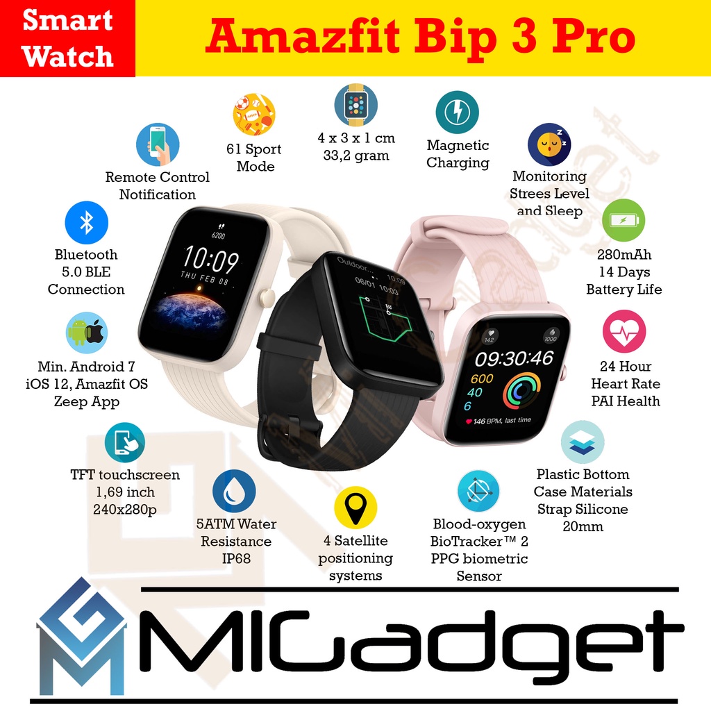 Amazfit Bip 3 Pro Smartwatch with GPS Jam Tangan Amazfit Garansi Resmi