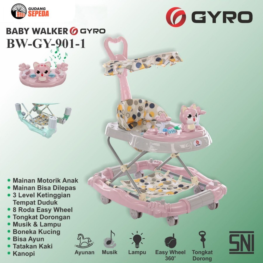 Baby Walker Gyro GY 901 Kereta Dorong Balita Kanopi Ayunan Dorongan Garansi Original SNI-Pink
