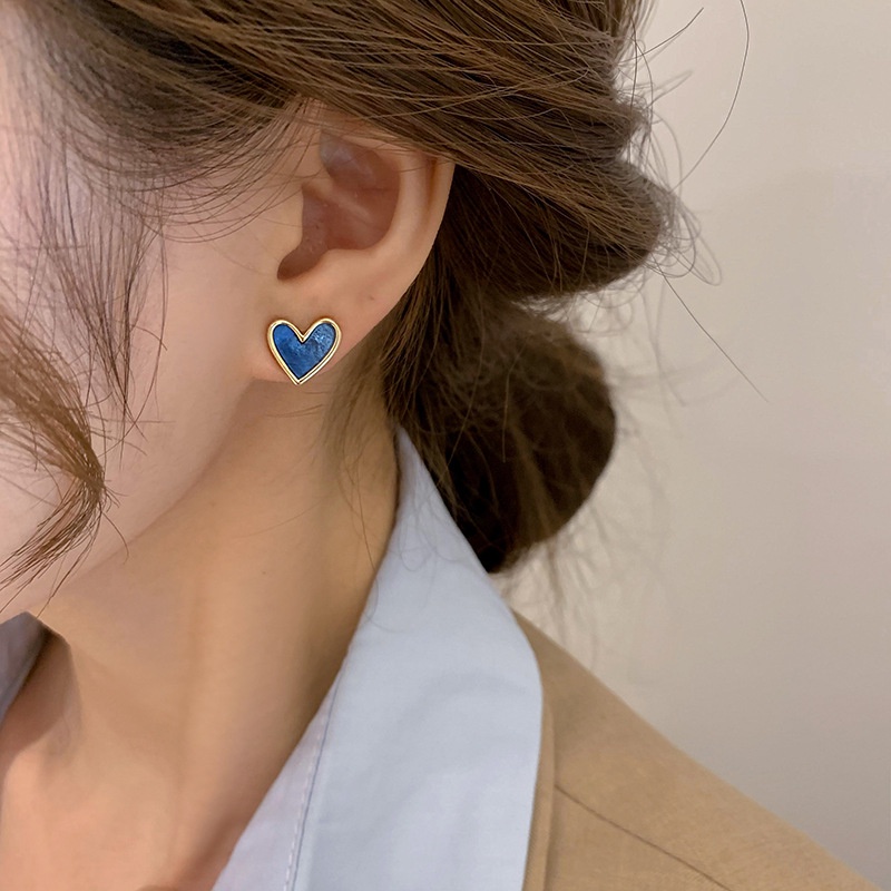 Biru berbentuk Hati klip telinga tanpa tindik wanita desain anting-anting temperamen telinga studs B