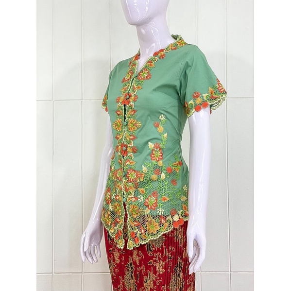ESW01 - Daliyu KEBAYA ENCIM LENGAN PENDEK BORDIR WARNA Katun Stretch / S M L XL-Hijau