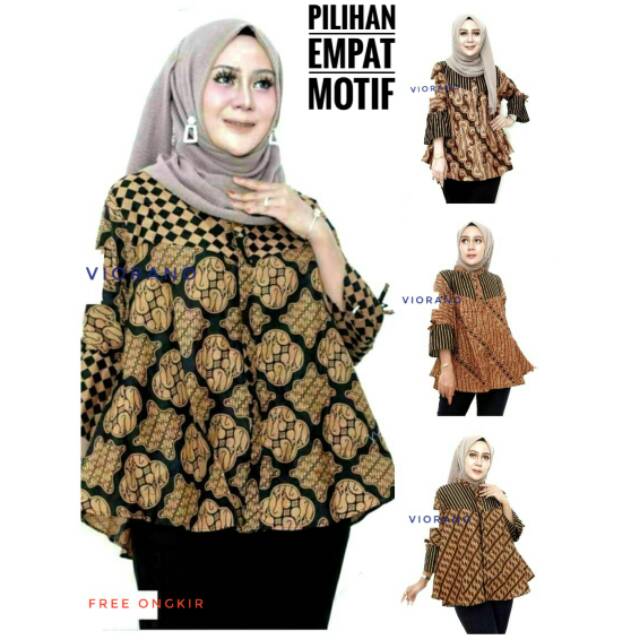 Baju Atasan Batik Muslimah Lengan Terompet / Blouse Wanita Hijab Kancing Lawasan Coklat Berkualitas