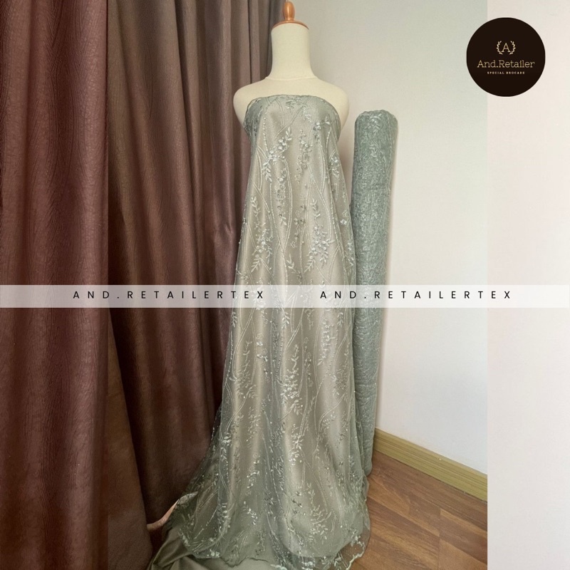 Bahan Kebaya Brokat Tile Akar Mutiara Glitter Mahogany Series Warna Sage Green