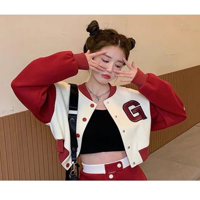 G baseball Jaket Baseball Crop Wanita Varsity Jaket | G Basebal Crop Style Korean Bahan Fleece