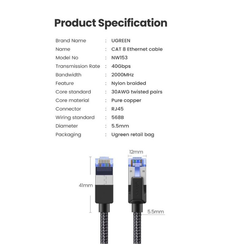 Ugreen Kabel Lan Cat8 40Gbps 2000Mhz SSTP NW153 Ugreen Kabel Lan Cat 8