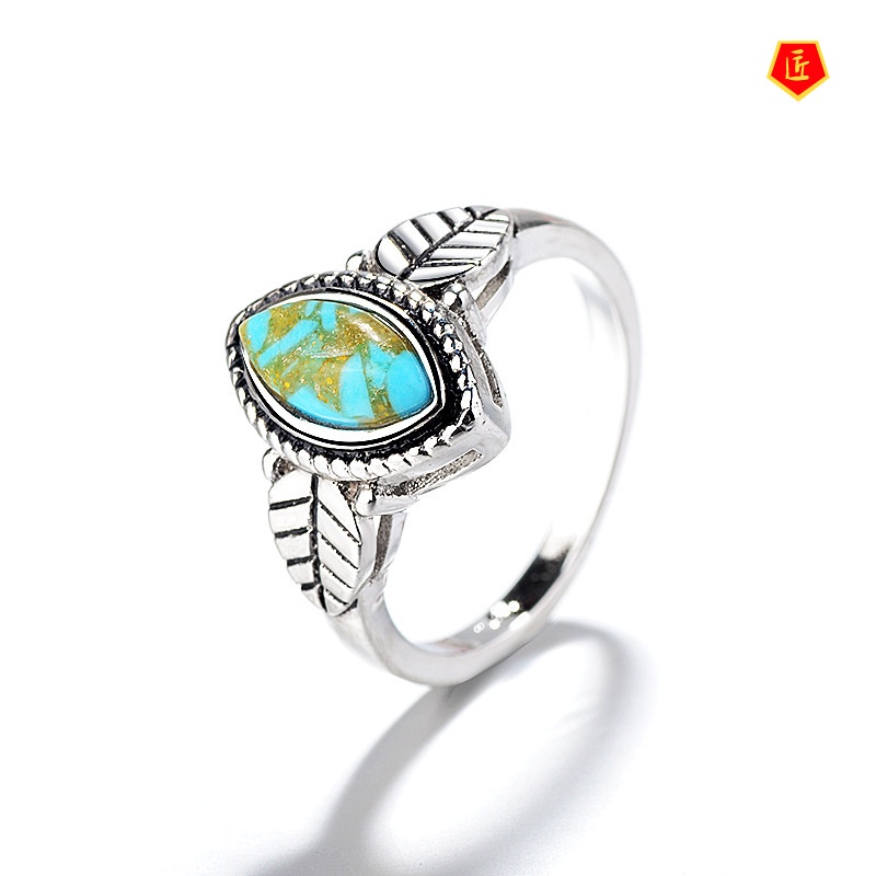 [Ready Stock]Creative Retro Turquoise Leaf Ring Noble and Elegant