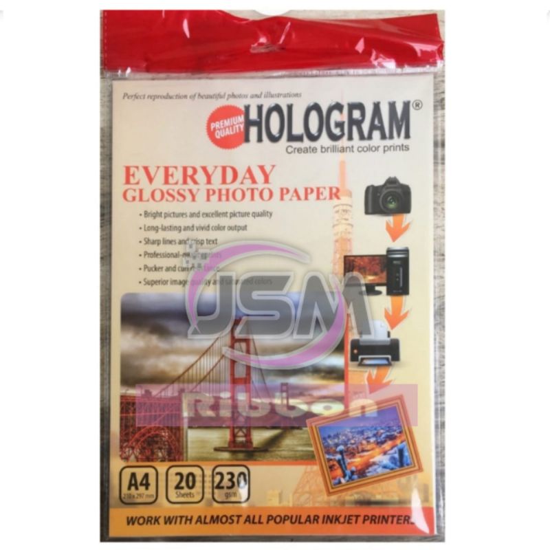

Glossy Photo Paper A4 230 GSM Merk Hologram Isi 20 Lembar Untuk Print Photo