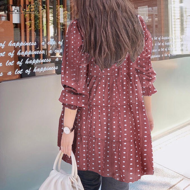 ZANZEA Women Long Sleeve Polka Dot Printing Casual Round Neck Blouse