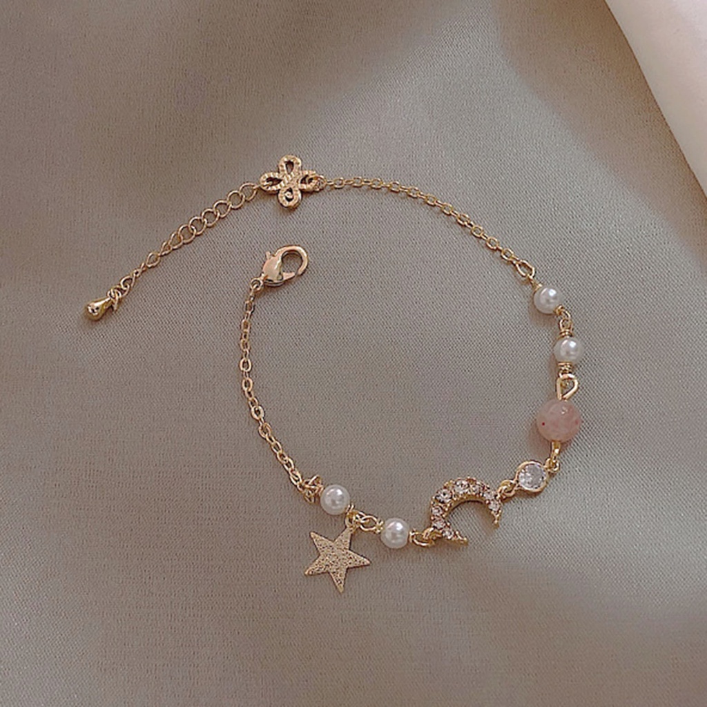 Hu Hu Hu Hu Hu Alat Bantu Pasang Kacamata♡ Gelang Rantai Tipis Adjustable Dengan Charm Bintang + Bulan + Mutiara Imitasi Untuk Pasangan