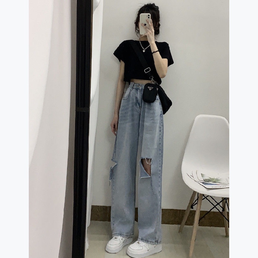 Korean New Women's Loose High Waist Wide Leg pengait celana jeans