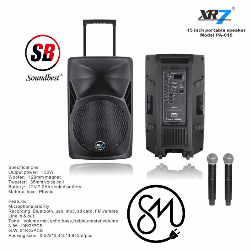 Speaker Portable XR7 PA-015 PA015 15 inc inch Bluetooth Wireless