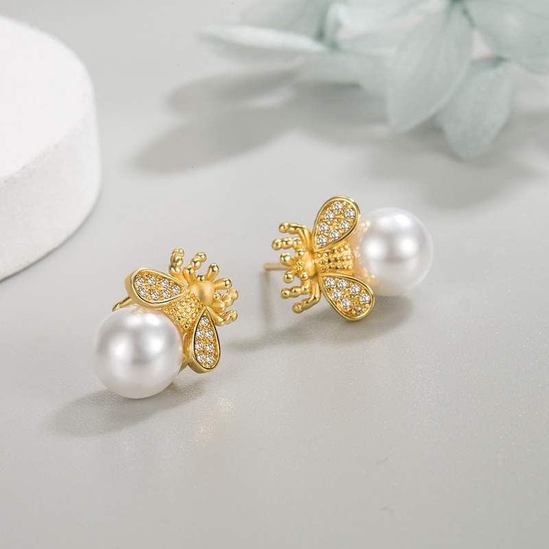 Anting Stud Desain Hewan Lebah Aksen Mutiara Kristal Kubik Zirkonia Untuk Wanita