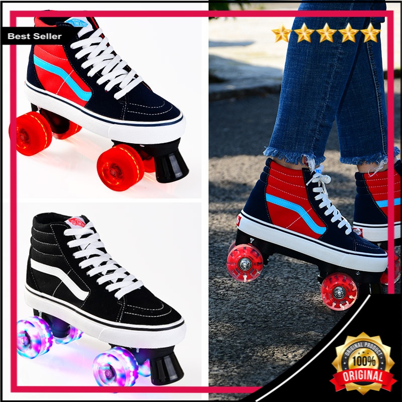 Dua Baris Skating Sepatu Pria  Wanita Dewasa Dua Baris Empat Roda Sepatu Roda Kanvas Flash emitting 