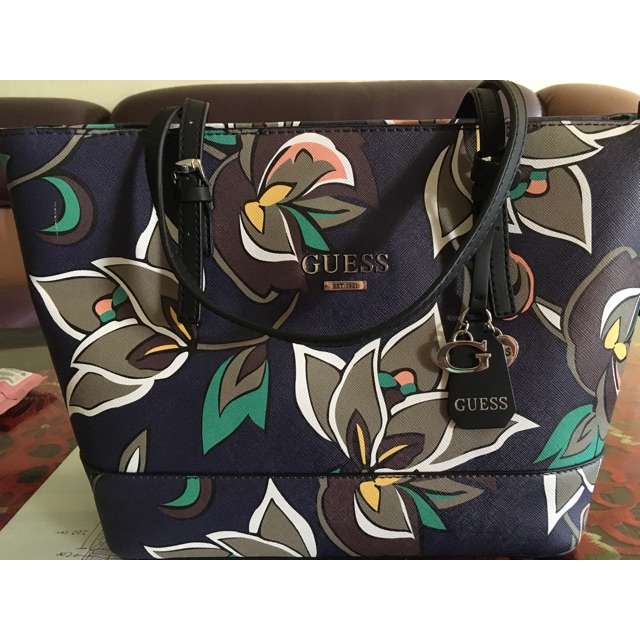 Guess flower tote bag navy