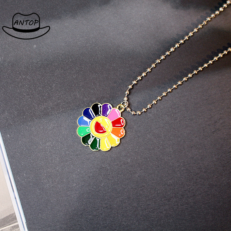 Harajuku Japanese Couple Necklace Rainbow Sun Flower Smiley Retro Pendant ANTOP