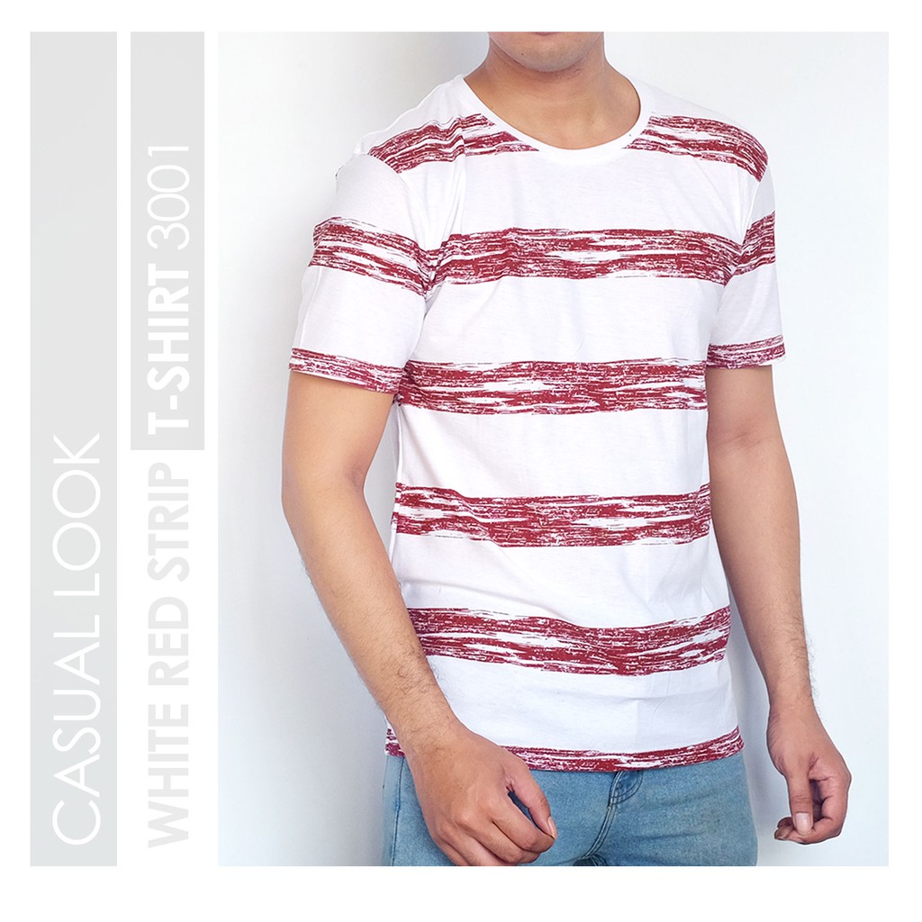 TS-3001 KAOS SALUR DISTRO PRIA PUTIH POLOS STRIPE MERAH LakiEst