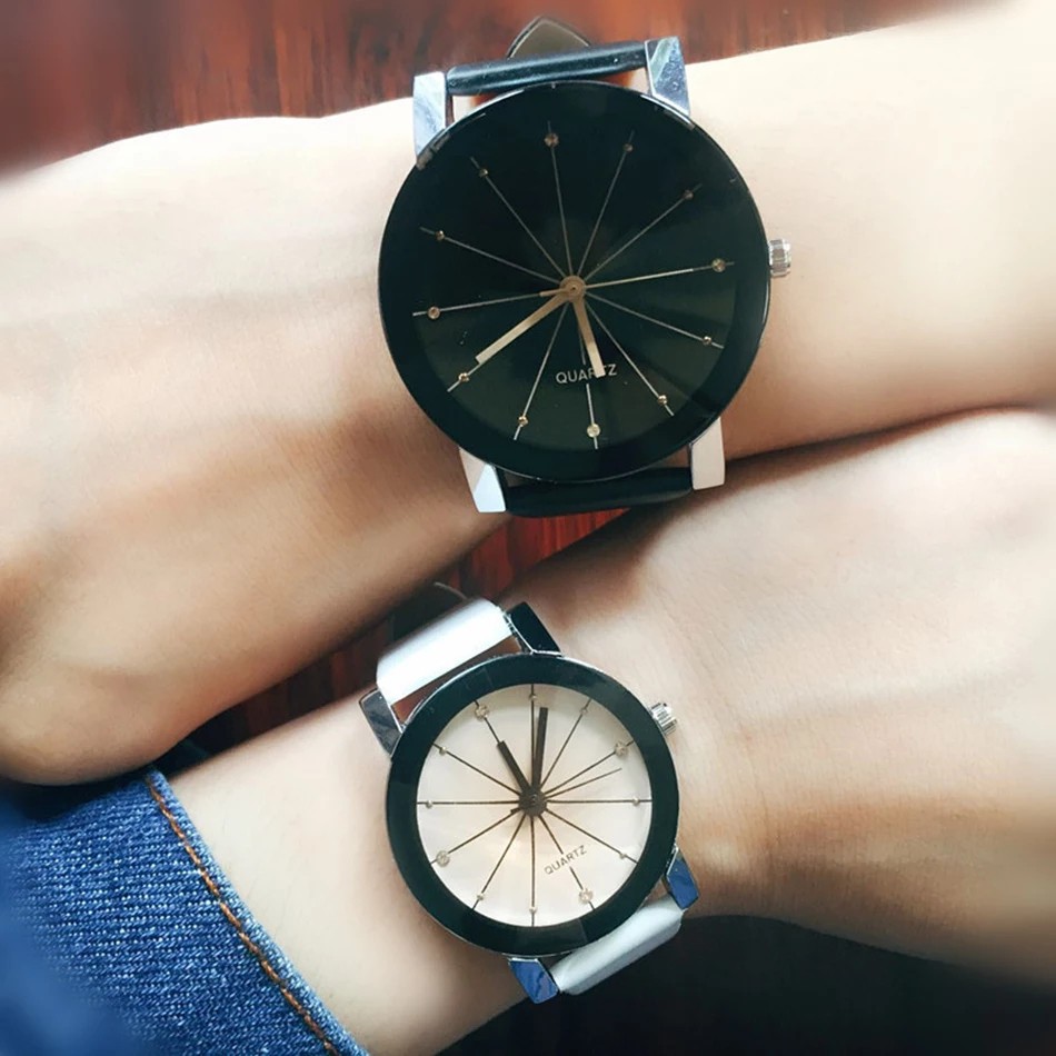 Jam Tangan Couple Quartz Kulit Pasangan Pria Wanita Putih dan Hitam Polos Meridian