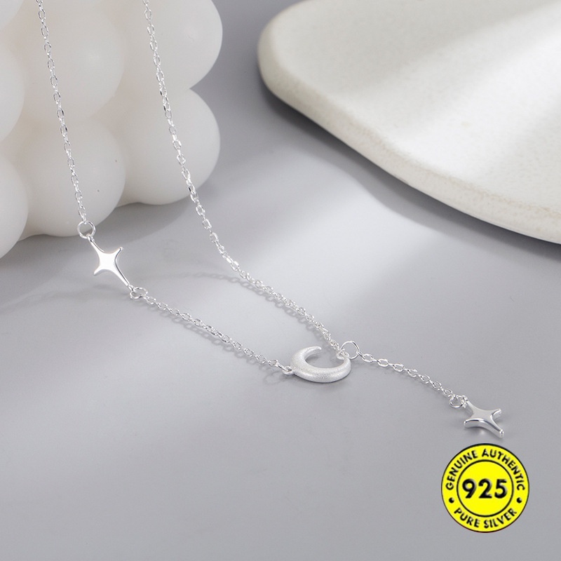 Kalung Rantai Sterling Silver 925 Dengan Liontin Bulan Sabit + Rumbai Untuk Wanita