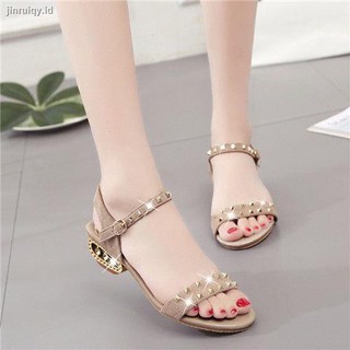 Sepatu Sandal  High Heels Open Toe Aksen Rivet Gaya Korea  