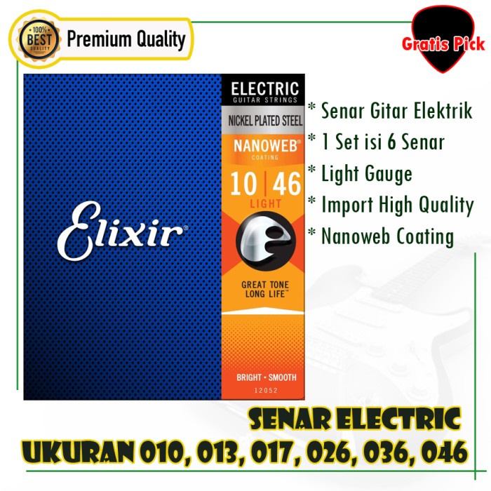 Senar Gitar Elektrik Elixir 010 - 046 Nanoweb Coating Tahan Karat