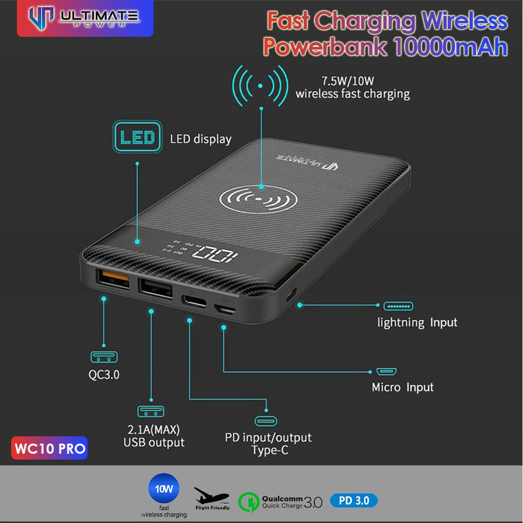 Powerbank Ultimate Power WC10 PRO Fast Charging Wireless 10000mAh