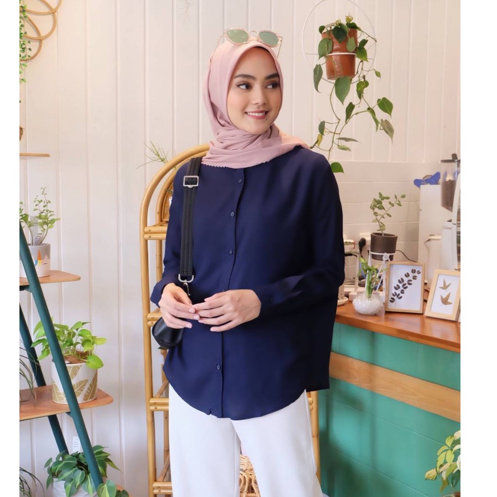 Lily Basic Shirt NEW Kemeja Wanita Polos Katun Rayon Tangan Panjang-Navy