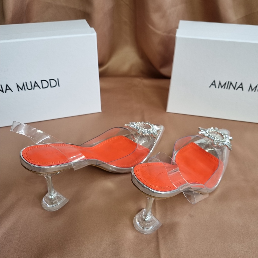 SEPATU AMINA MUADDI WANITA BEGUM CRYSTAL GLASS SLING HEELS TRANSPARAN PVS