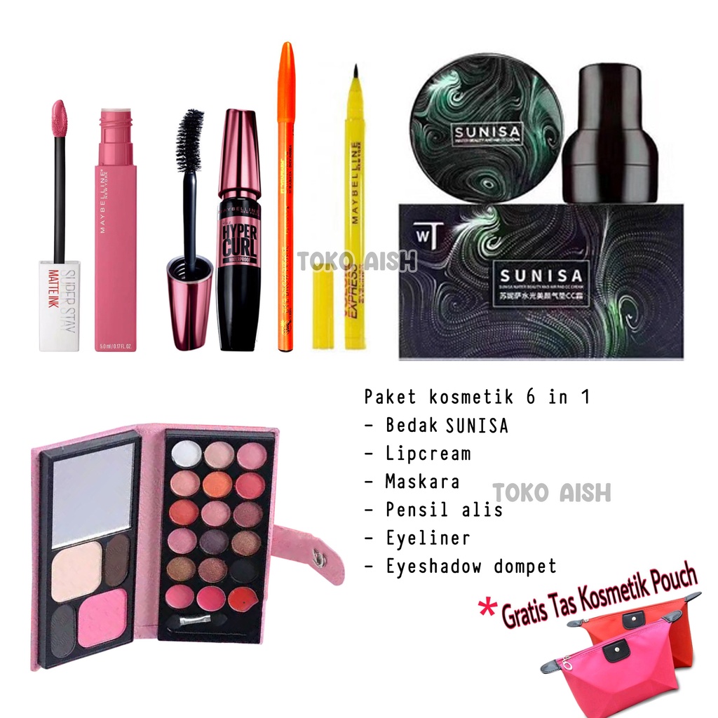 PAKET HEMAT SUNISA 6IN1 / Bedak Sunisa + Eyeshadow + Lipcream + Maskara + Eyeliner + Pensil Alis dav