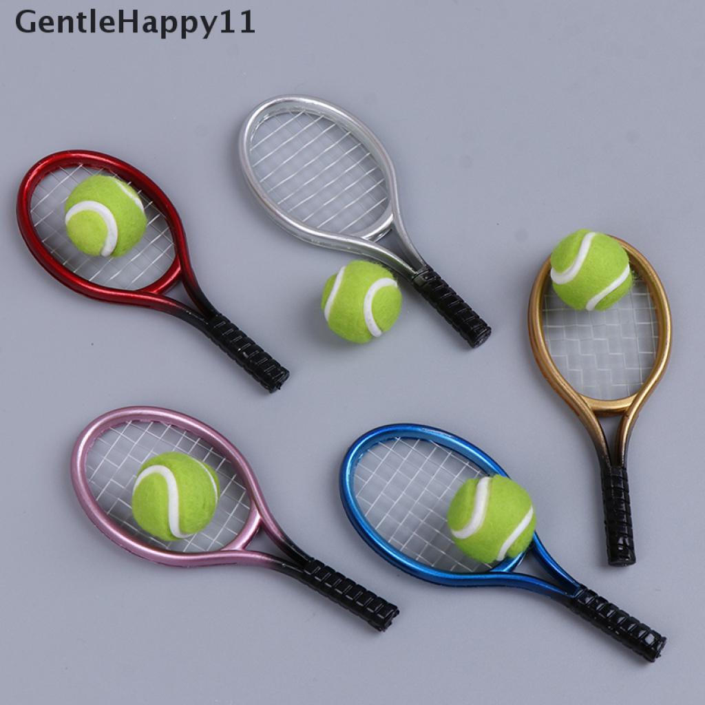 Gentlehappy 2Pcs Miniatur Raket Tenis + Bola Aksesoris Rumah Boneka 1: 6 1: 12