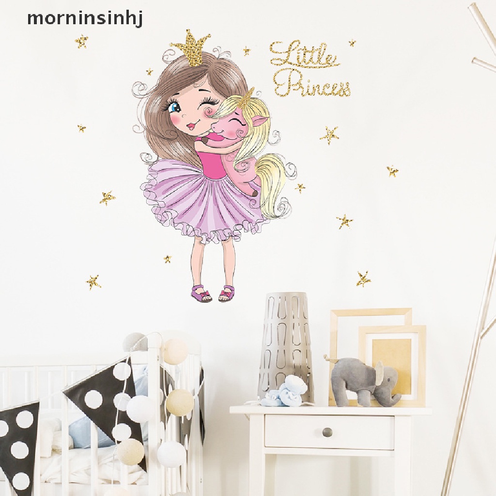 Mor Stiker Dinding Desain Princess &amp; Little Unicorn Lucu Untuk Kamar Tidur