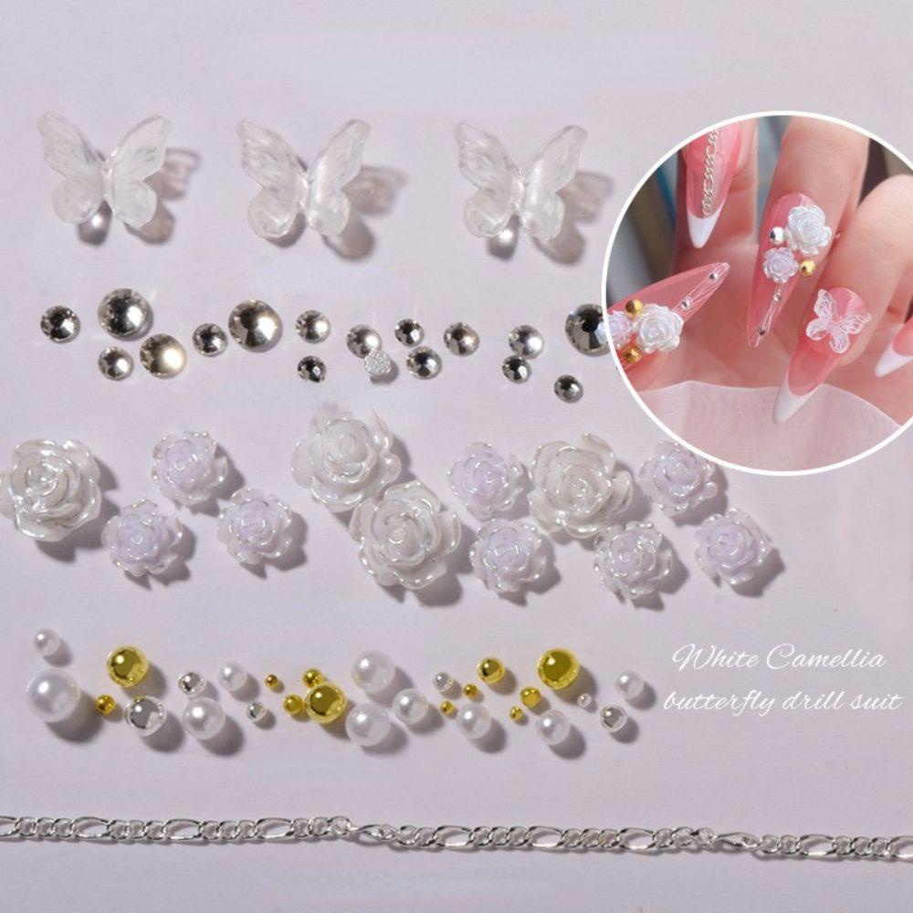 AUGUSTINA Agustina Paku Charms Rantai Logam Gadis Kuku Kecantikan Camelia Mutiara DIY Bahan Kuku 3D Dekorasi Kuku