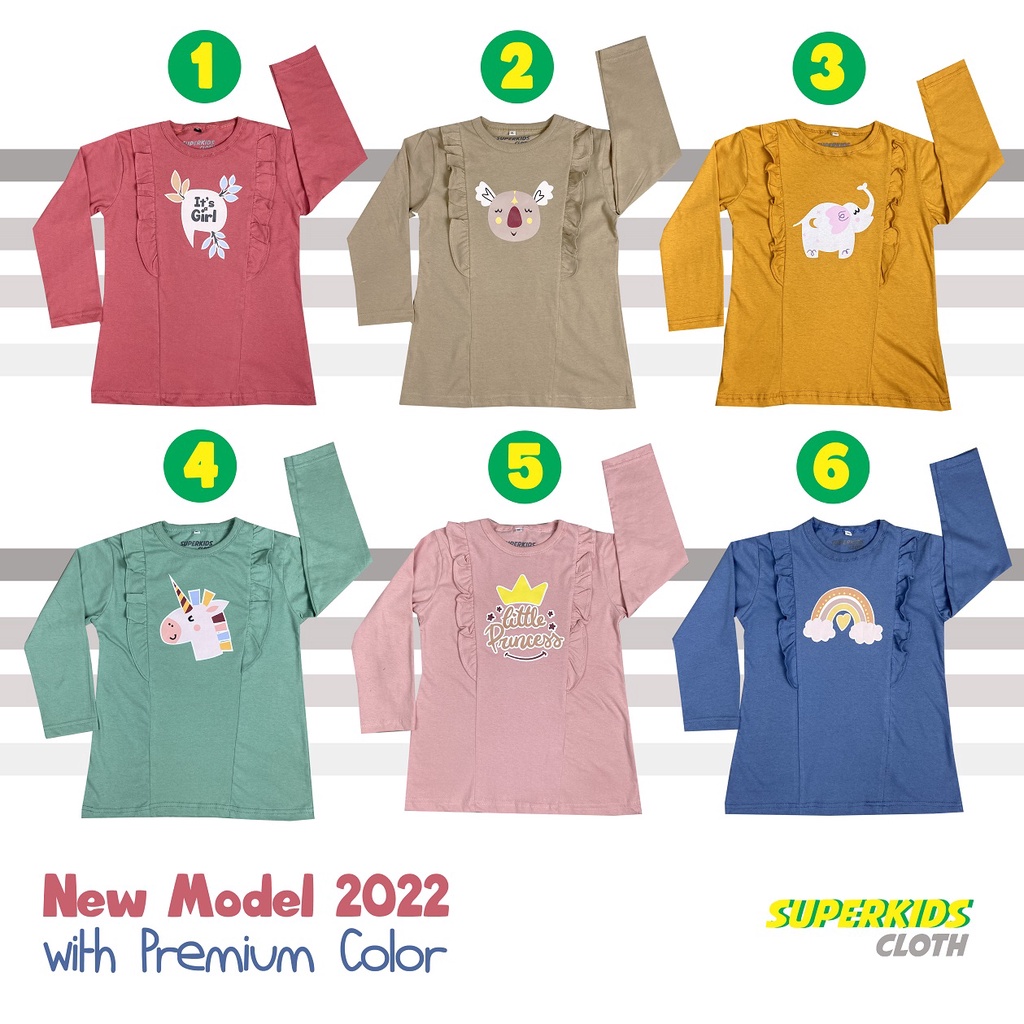 BAJU ANAK PEREMPUAN LENGAN PANJANG RAMPEL DADA GAMBAR LUCU WARNA TERBARU | KAOS ANAK PEREMPUAN PAKAIAN ANAK CEWEK LENGAN PANJANG VARIASI RAMPEL RUFFLE MURAH TERLARIS VIRAL ECER GROSIR BRAND SUPERKSIDCLOTH UMUR 1 2 3 4 5 6 7 8 9 10 11 TAHUN
