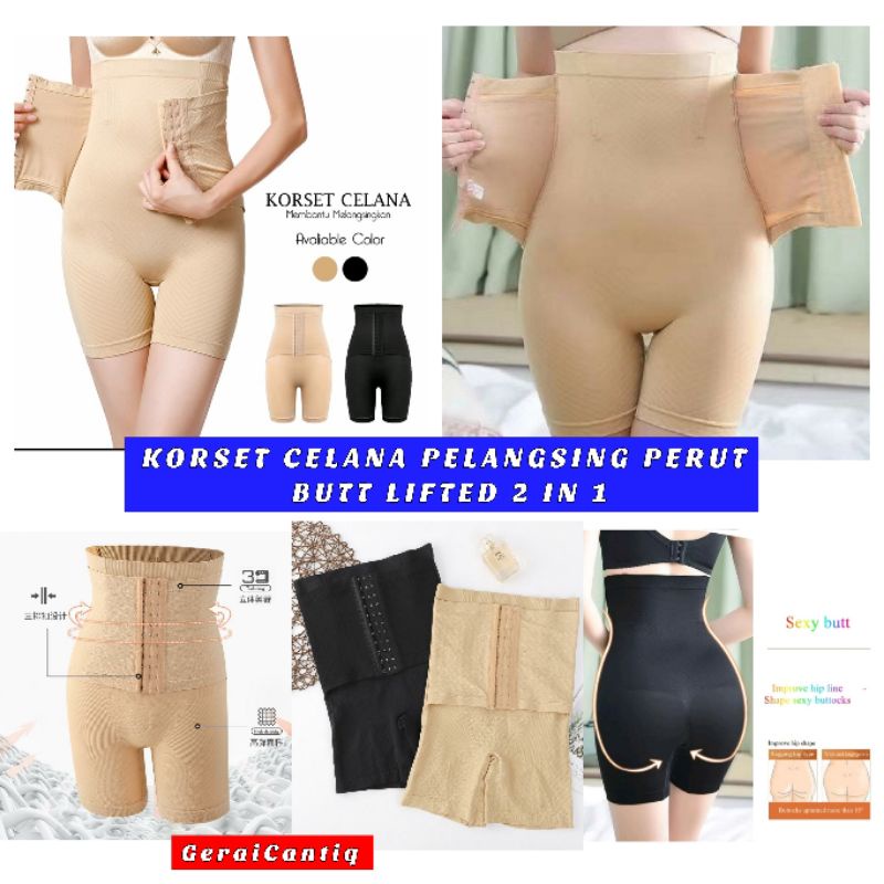 KORSET CELANA HIGH WAIST DOUBLE TUMMY 2 IN 1 PELANGSING PERUT BUTT LIFTED DENGAN PENGAIT