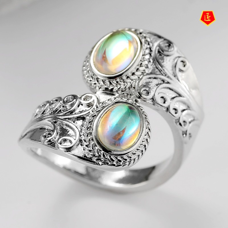 [Ready Stock]Colorful Moonstone Ring Female Exaggerated Carved Punk Style