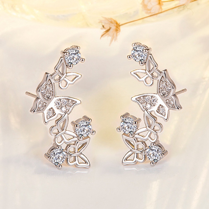 2pcs Anting Stud Desain Kupu-Kupu Aksen Kristal Warna Silver Dan Emas Untuk Wanita