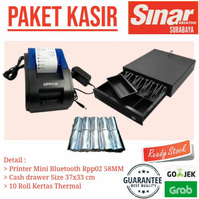 

PAKET KASIR : PRINTER BLUETOOTH RPP02 + CASHDRAWER 37 CM + 10 KERTAS THERMAL 58MM