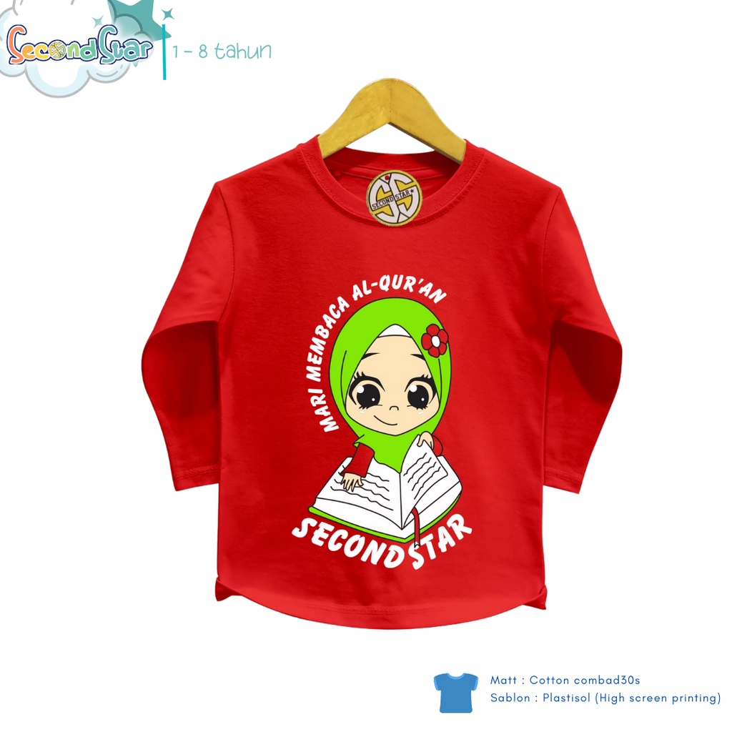 Secondstar baju anak perempuan Kaos oblong lengan panjang islami warna merah pastel 1-8 tahun