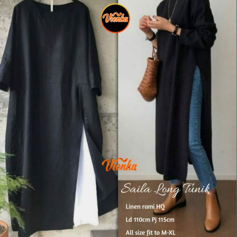 Saila long tunik hitam putih katun linen ld 110 jumbo