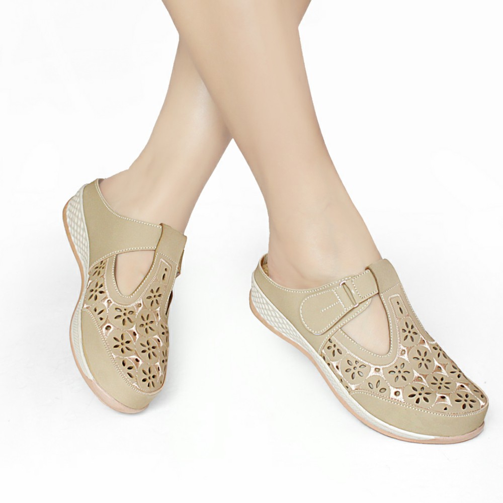 SANDAL SLOP LASER BORDIR WANITA CASUAL MULAN NCB0712-Cream