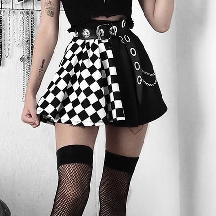 [Goth Story] Mini Skirt Sexy Gothic Plaid Chess Pattern Rok Pendek Hitam Motif Catur 8593 (S/M/L)