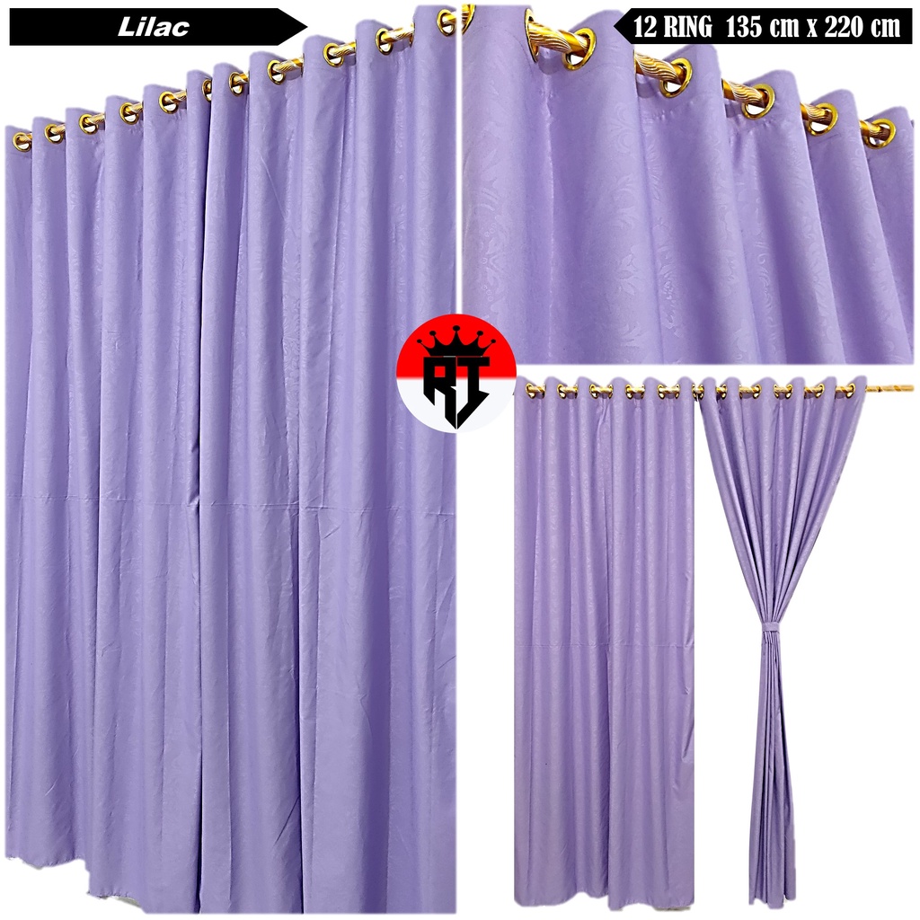 Gorden Smokring 12 Ring Hordeng Polos Embos Ungu Muda Lilac Tirai Pintu Jendela Korden Ukuran lebar 
