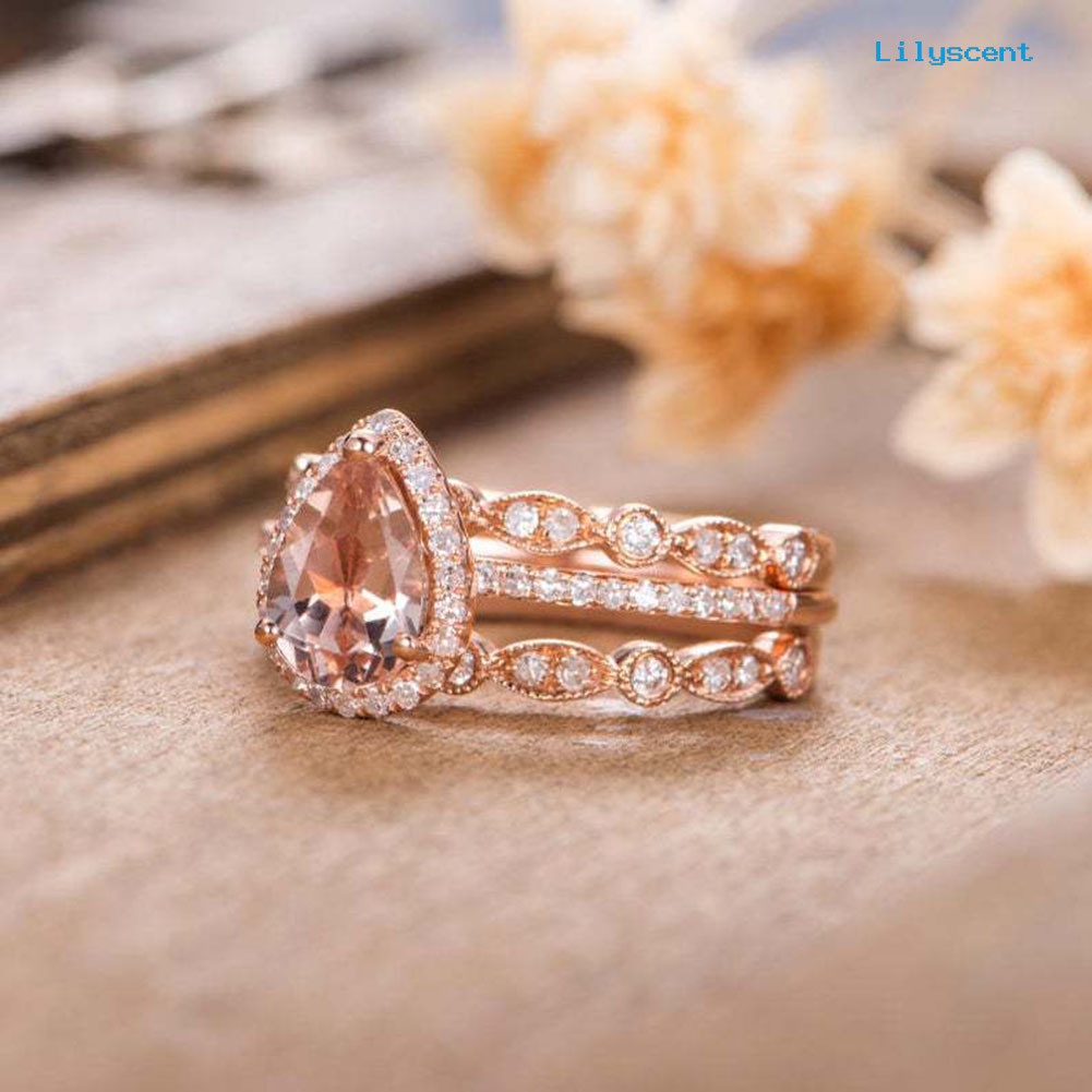 3pcs / Set Cincin Berlian Imitasi Bentuk Pir Stackable Untuk Wanita