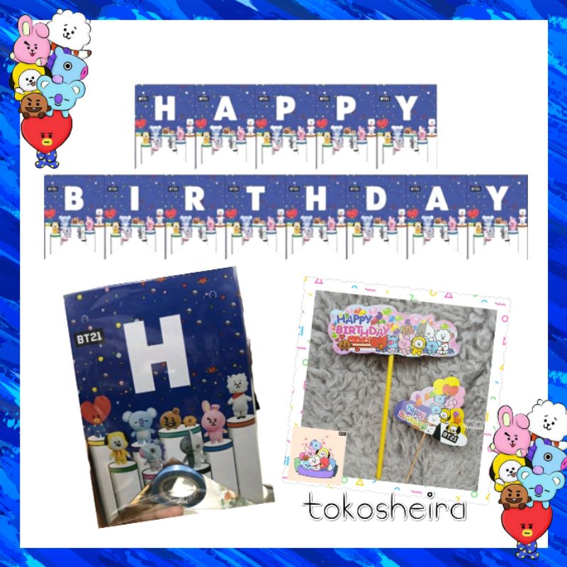 Banner Happy Birthday BT21 BTS Kpop Cake Topper Set Paket Dekorasi Ulang Tahun BTS