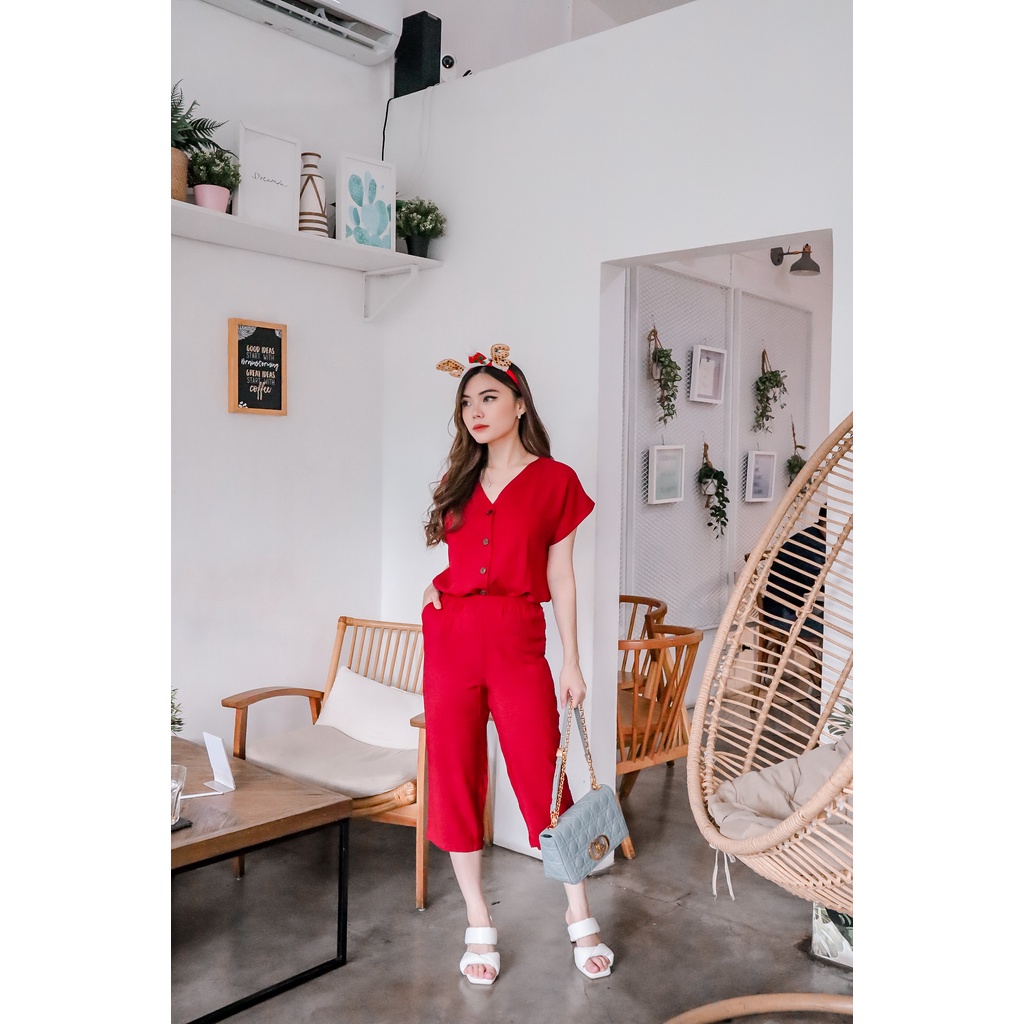 COTTONBELLS CASUAL JUMPSUIT WANITA ALICIA BUTTON SET PANTS (JJ - JS 1722)-2