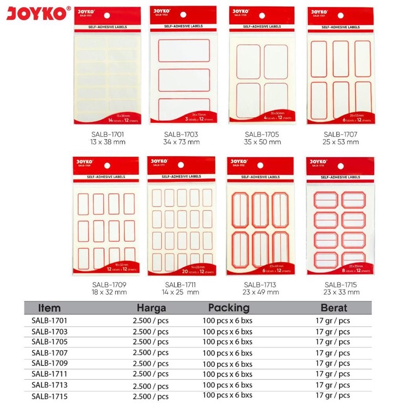 

Label Sticker Self Adhesive Labels / Label Nama Joyko SALB-1701 1703 1705 1707 1709 1711 1713 1715
