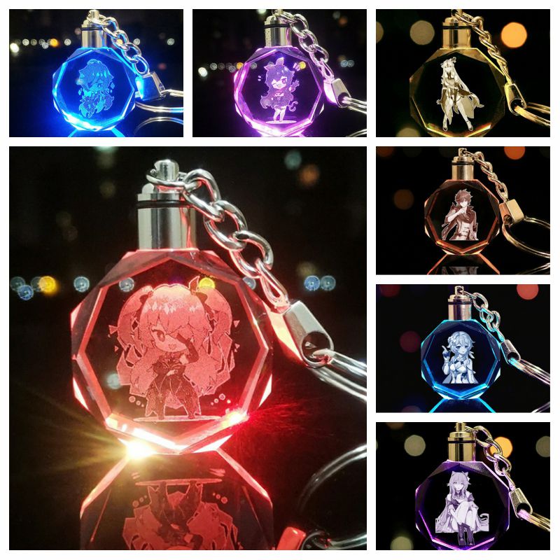 Genshin Impact Wendy Klee Keqing QiQi Crystal Keychain LED Colorful LightPendant