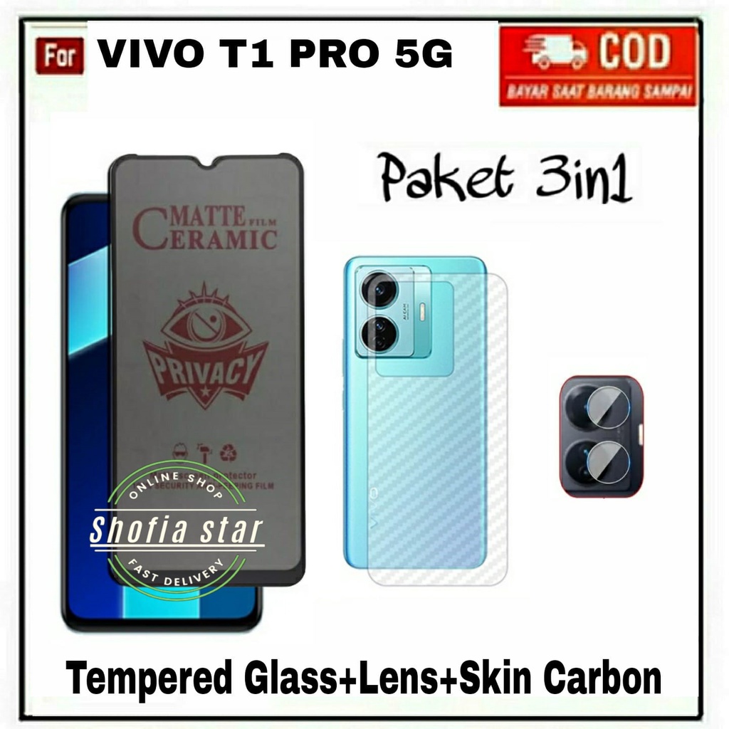 Paket 3in1 Tempered Glass Ceramic Spy Matte Vivo T1 Pro 5G T1 5G Anti Intip  Full Cover